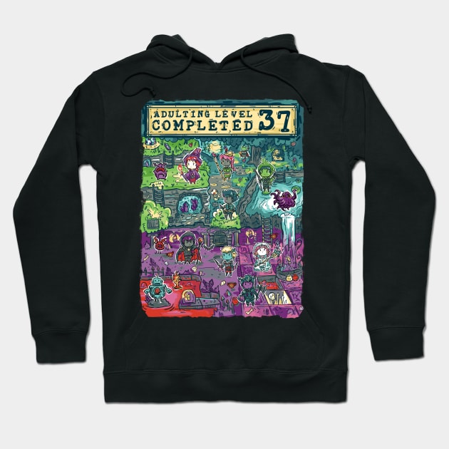 Adulting Level 37 Completed Birthday Gamer Hoodie by Norse Dog Studio